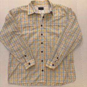 Patagonia A/C Button Up Shirt Womens M Yellow Blue Plaid Long Sleeve Pockets